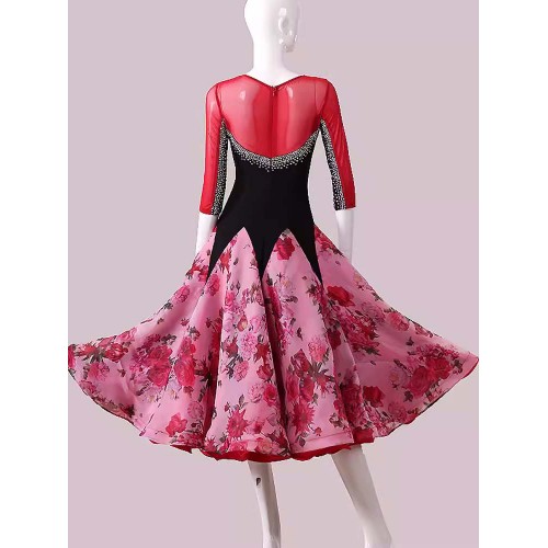 Customized size wine red rose flowers ballroom dancing dresses for women girls competition stage performance waltz tango foxtrot smooth dance long gown